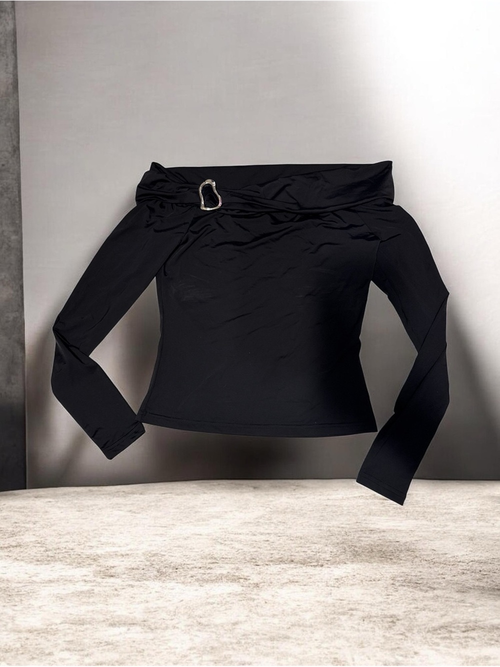 PacSun Black Off-Shoulder Long Sleeve Top with Buckle Accent for womens size S